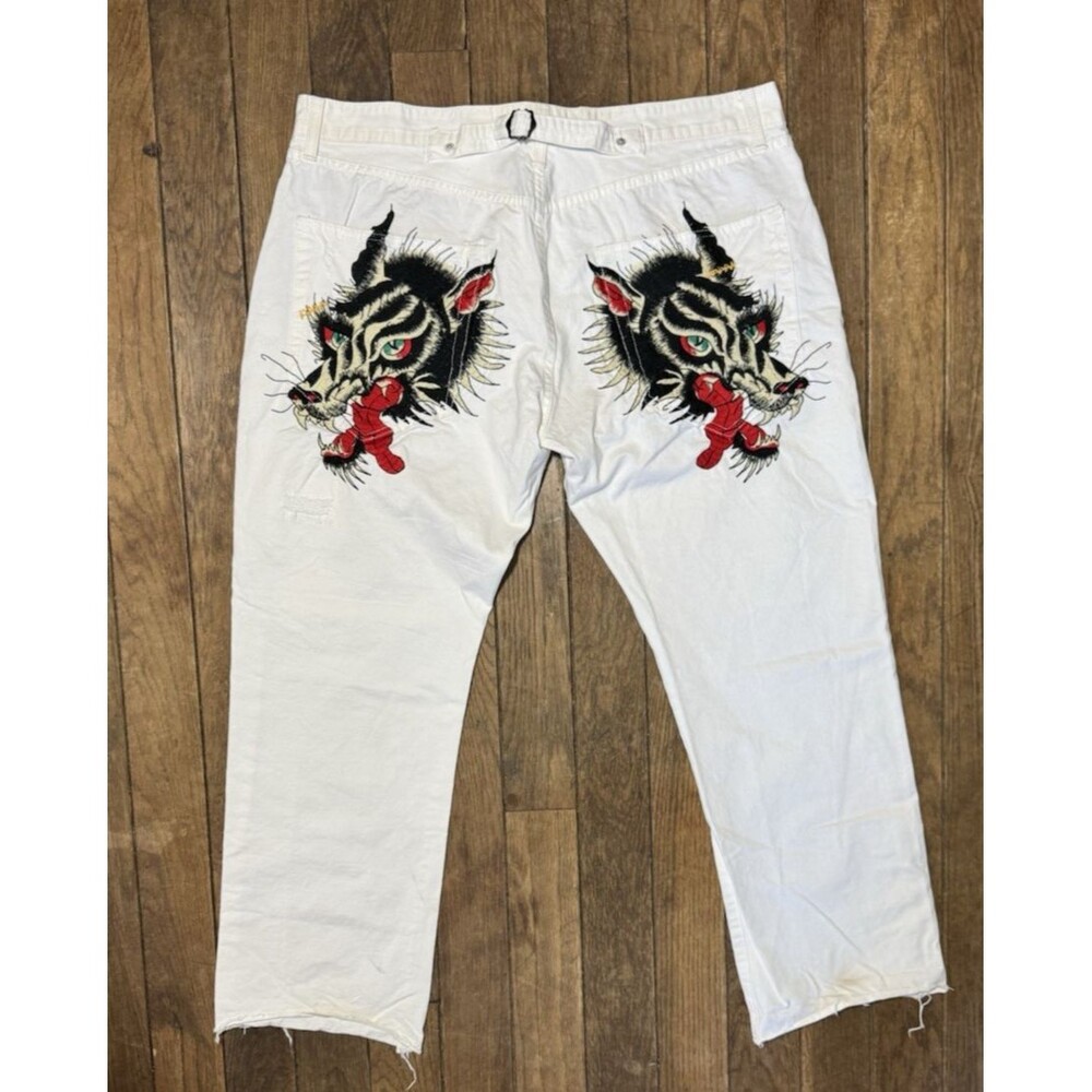 Ed Hardy RARE Wolf Embroidered White Jeans Y2K Mens Pants Size 40 X 34 EUC - Picture 11 of 11